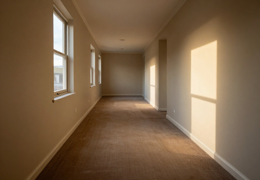Same living room after water extraction and drying, with restored carpet