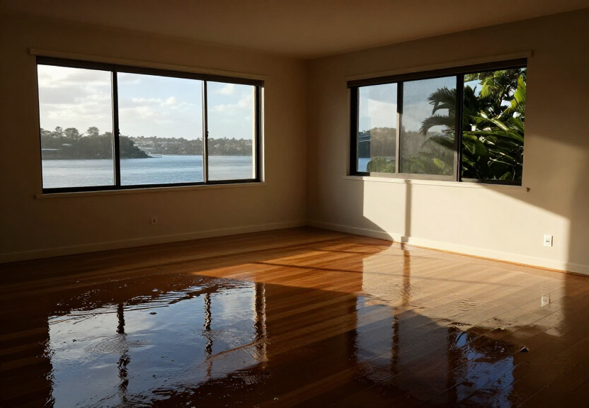 Flooded living room in a South Windsor home with waterlogged carpet